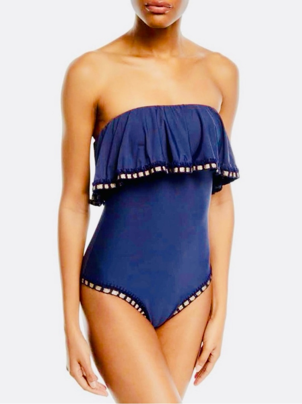 NEW Pilyq Platinum Swimwear one piece swimsuit size LG Gold Crochet Trim